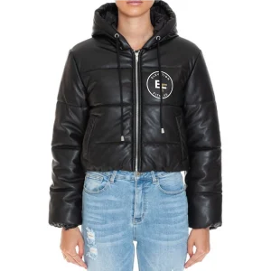 Hooded Faux Leather PU Crop Puffer Jacket Black