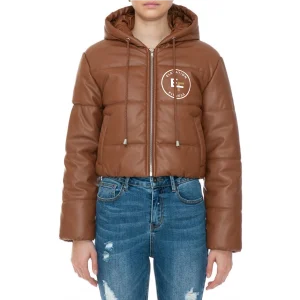 Hooded Faux Leather PU Crop Puffer Jacket Coffee